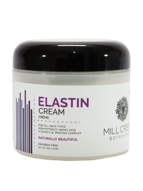Mill Creek Elastin Cream bottle promoting hydration and elasticity.