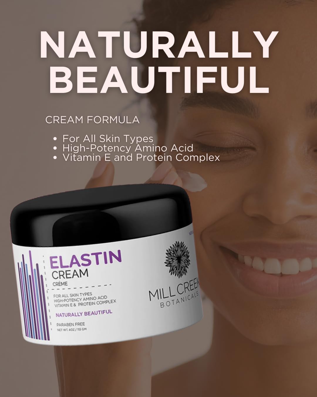 Packaging of Mill Creek Elastin Cream for everyday skincare.