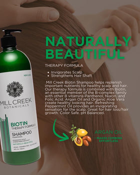 Mill Creek Biotin Shampoo packaging front shows value-sized bottle.
