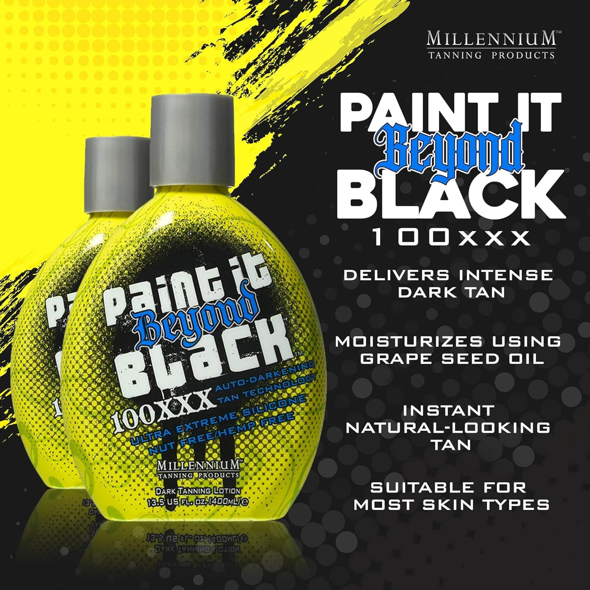 Millennium Tanning Paint it Beyond Black application showing bronzing glow for outdoor sun