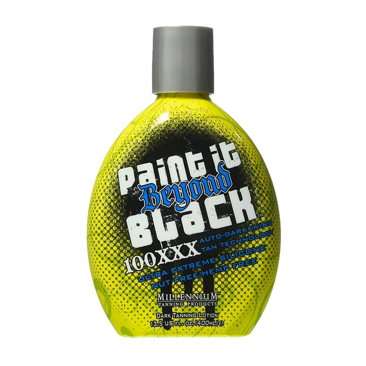 Millennium Tanning Paint it Beyond Black 100 XXX bottle highlighting bronzing formula for a deeper tan