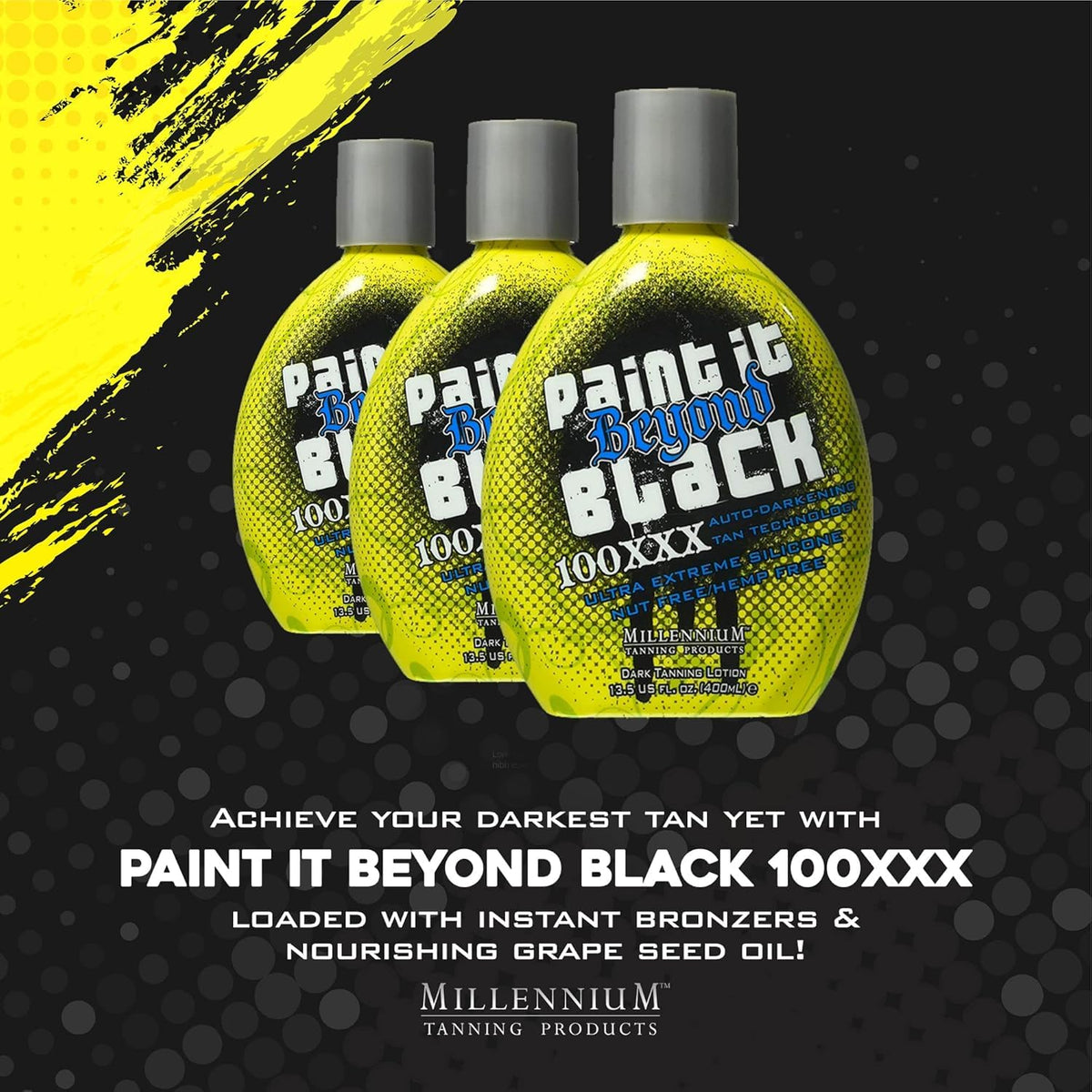 Millennium Tanning Paint it Beyond Black 100 XXX bottle suitable for indoor and outdoor use