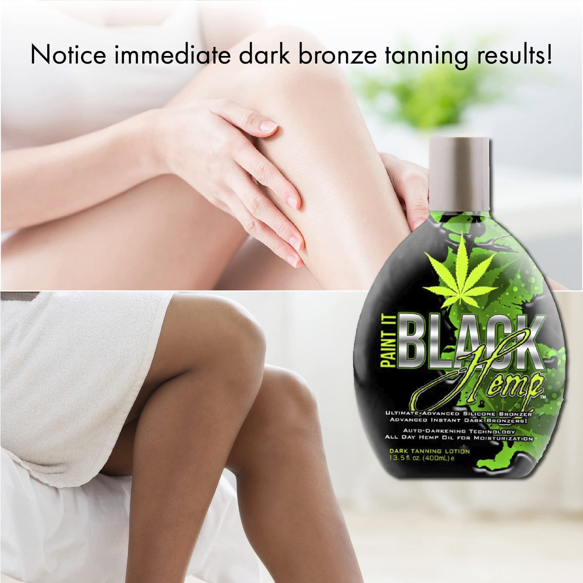 Bottle design for indoor and outdoor tanning with Paint It Black hemp bronzer.