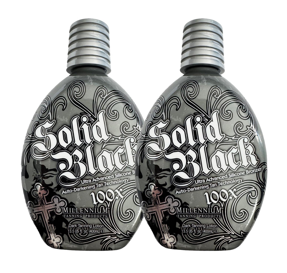 Millennium Tanning Solid Black 100X lotion bottle for a deep, long-lasting tan.