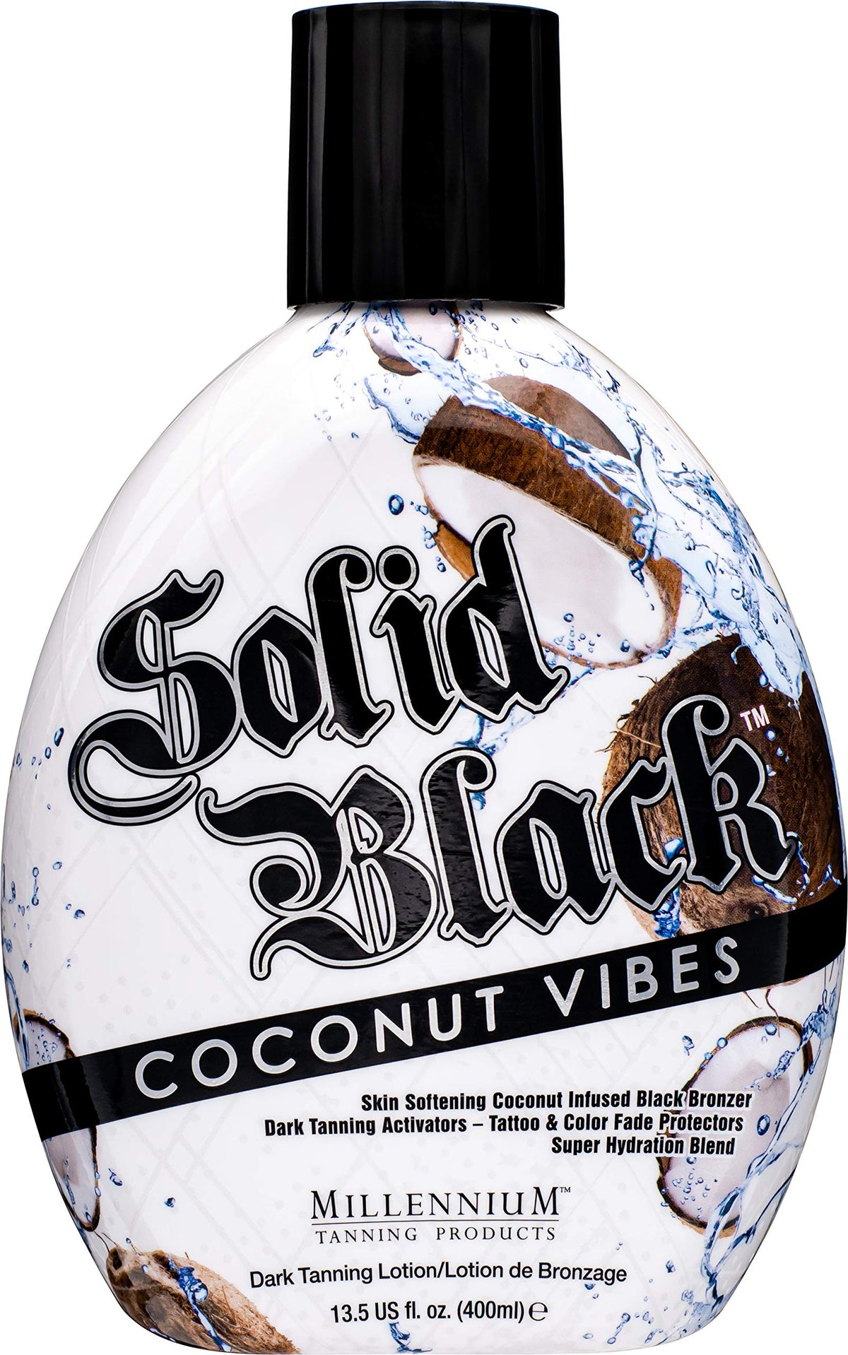 Millennium Tanning Solid Black Coconut Vibes bottle highlights deep bronzing for a rich tan.