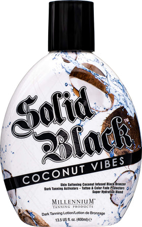 Millennium Tanning Solid Black Coconut Vibes bottle highlights deep bronzing for a rich tan.