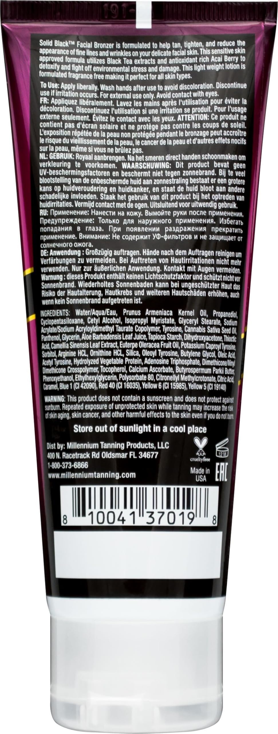 Millennium Tanning Solid Black Facial Bronzer bottle back with ingredient notes for sensitive skin