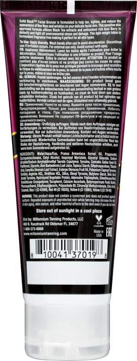Millennium Tanning Solid Black Facial Bronzer bottle back with ingredient notes for sensitive skin