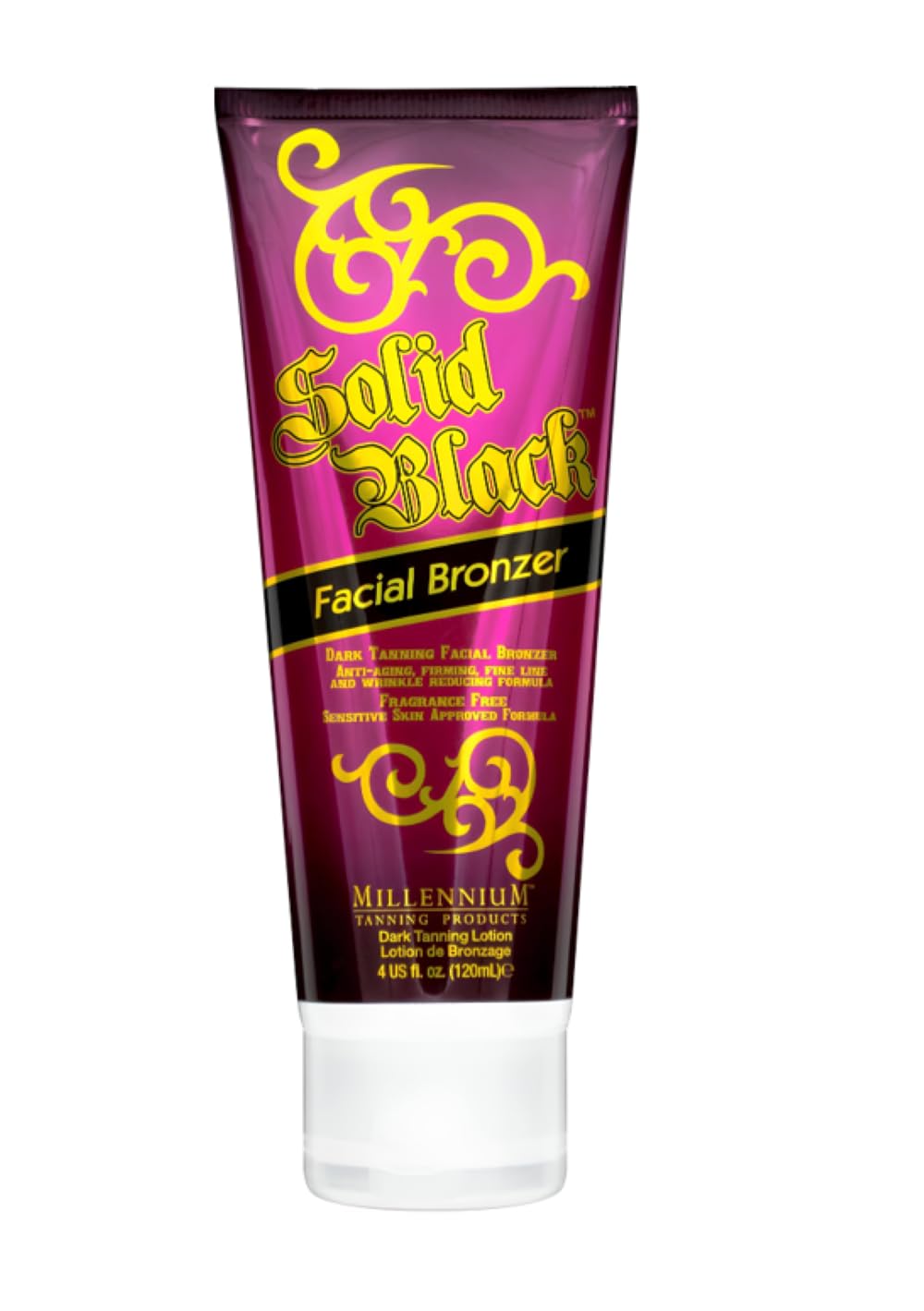 Millennium Tanning Solid Black Facial Bronzer bottle front view showing compact, oil-free formula