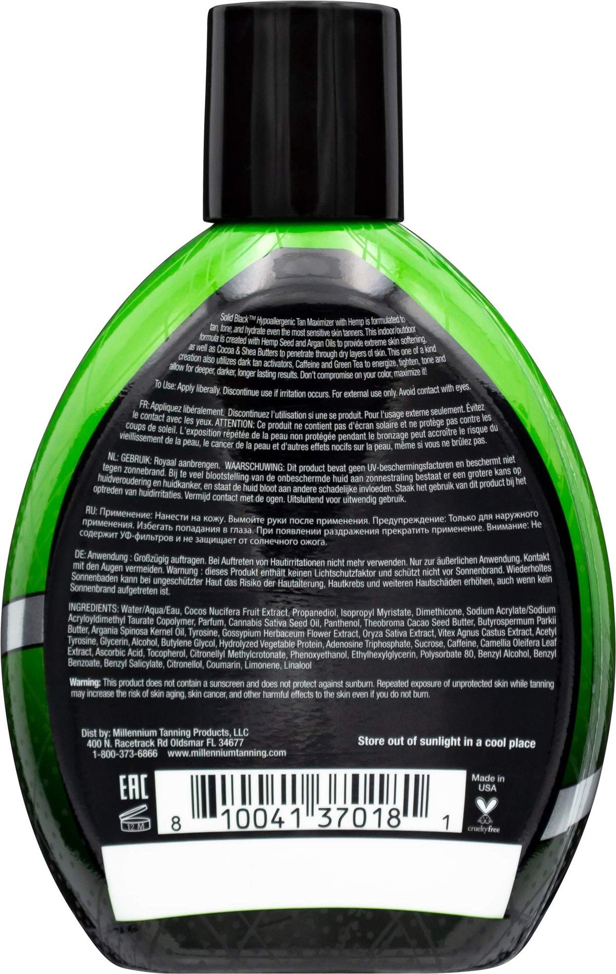 Millennium Tanning Solid Black hemp oil detail enhances hydration.