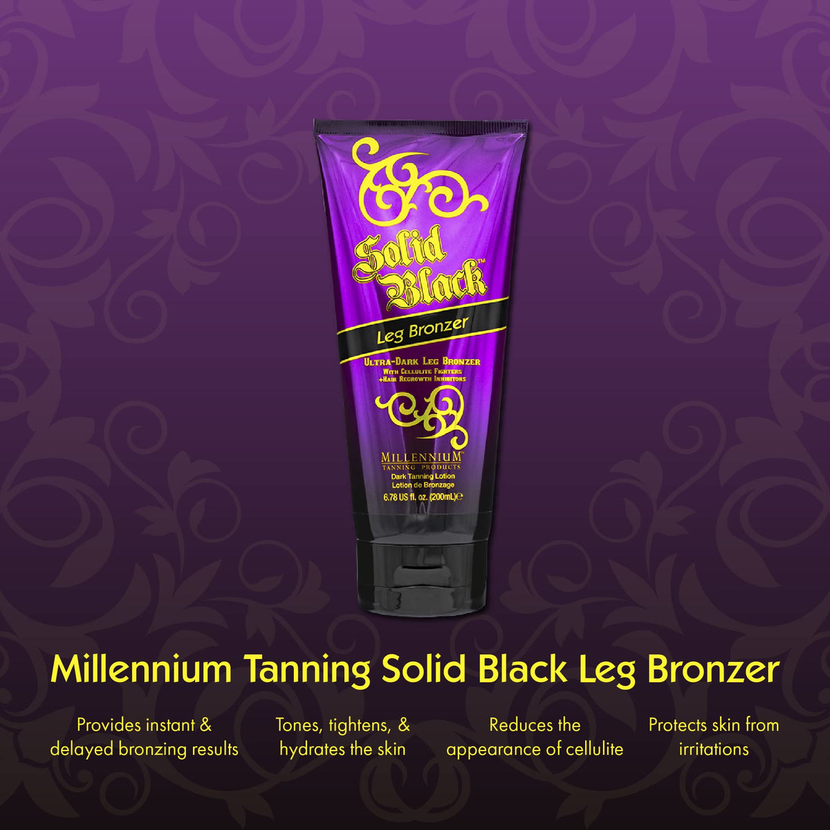 Millennium Tanning Solid Black Leg Bronzer applied on leg for even coverage.