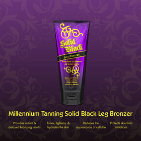 Millennium Tanning Solid Black Leg Bronzer applied on leg for even coverage.