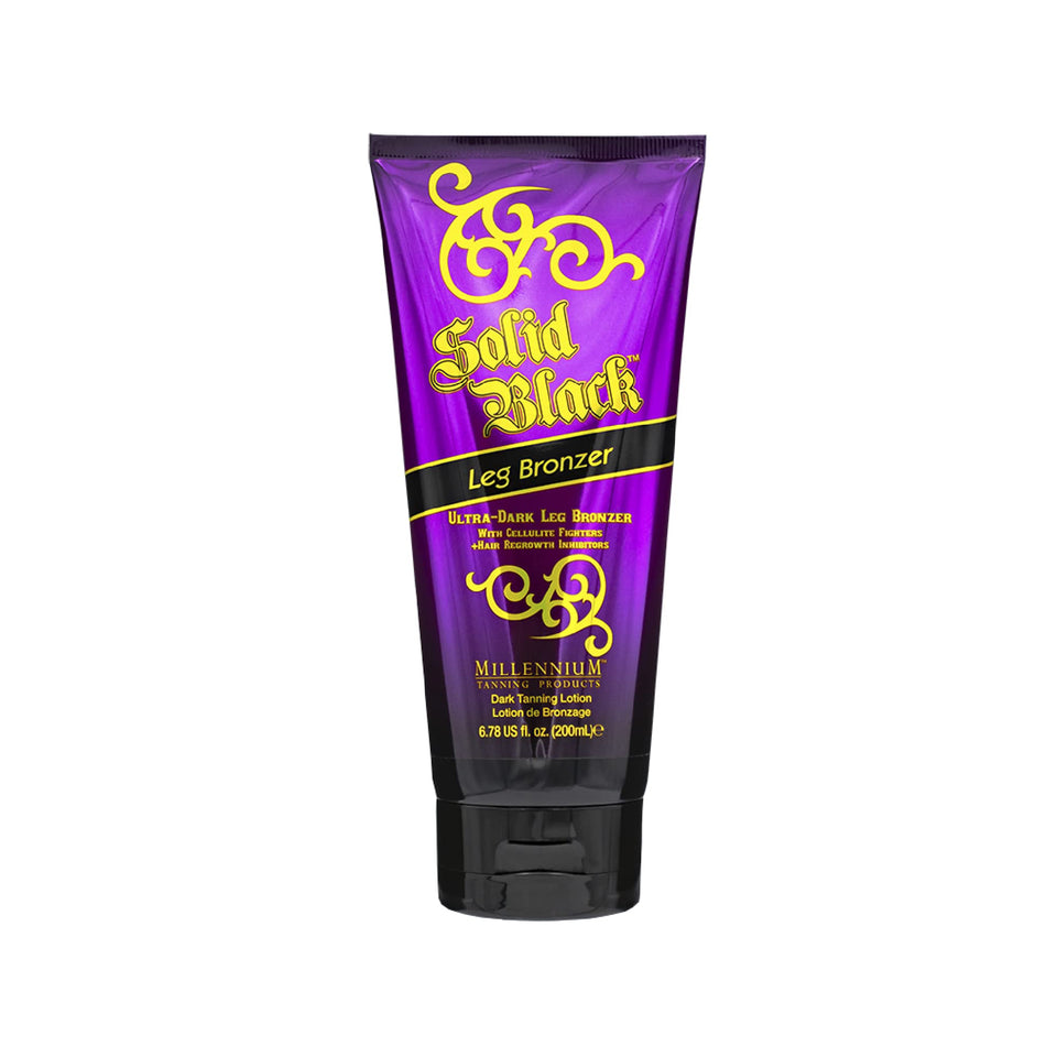 Millennium Tanning Solid Black Leg Bronzer bottle close-up showing rich color payoff for legs.