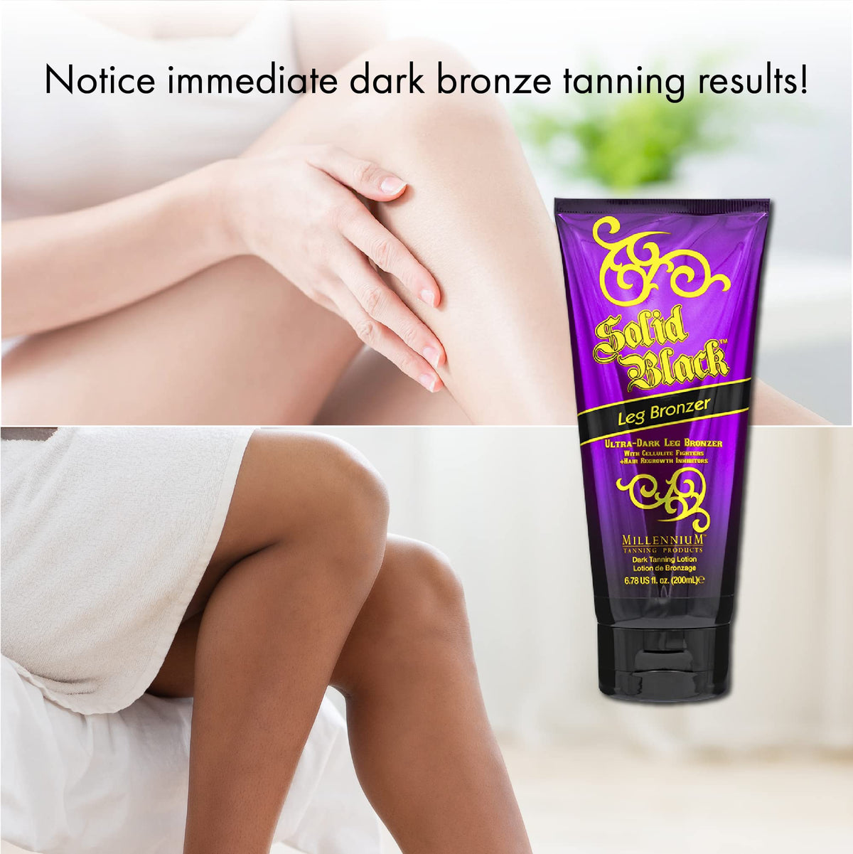 Millennium Tanning Solid Black Leg Bronzer ingredients panel highlights aloe vera for hydration.