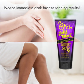 Millennium Tanning Solid Black Leg Bronzer ingredients panel highlights aloe vera for hydration.
