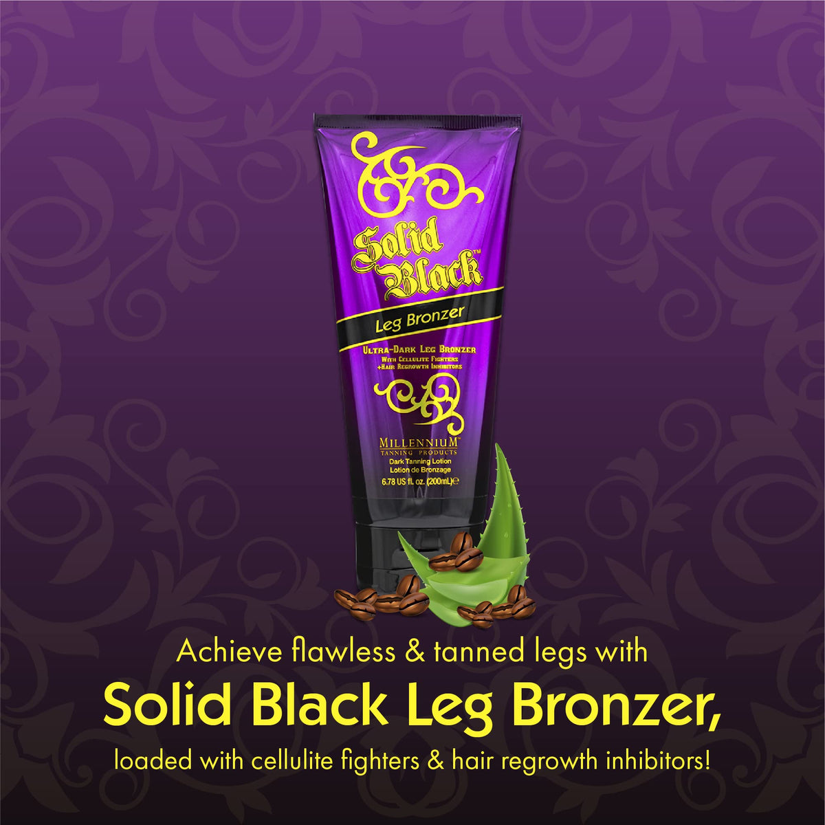 Millennium Tanning Solid Black Leg Bronzer packaging tube for travel-ready use.