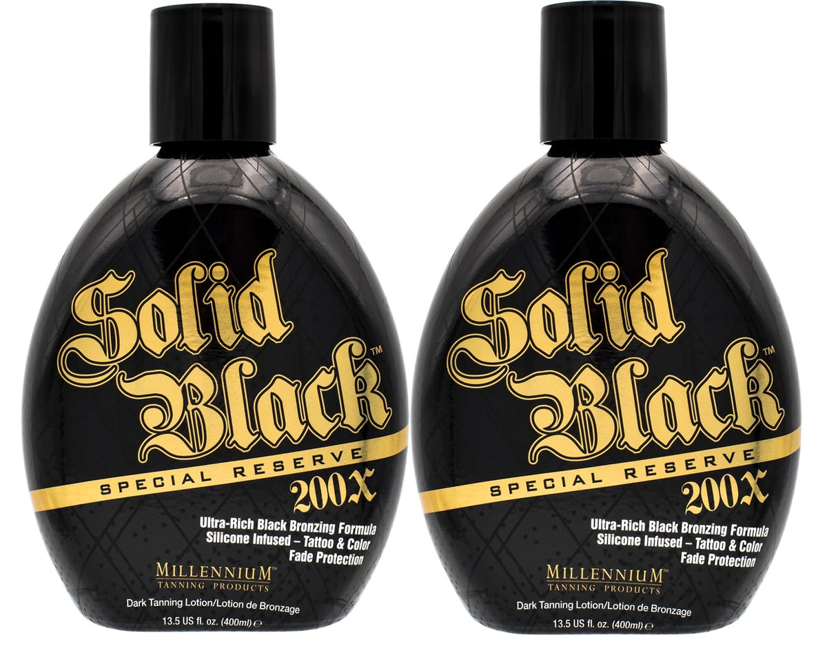 Millennium Tanning Solid Black Special Reserve 200X bottle front—premium bronzer for a rich, even tan.