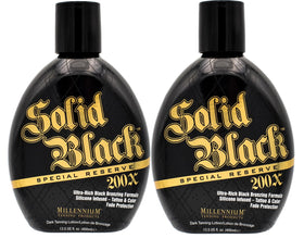 Millennium Tanning Solid Black Special Reserve 200X bottle front—premium bronzer for a rich, even tan.