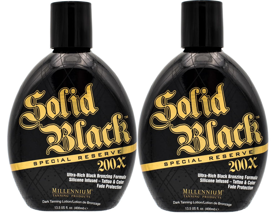 Millennium Tanning Solid Black Special Reserve 200X bottle front—premium bronzer for a rich, even tan.