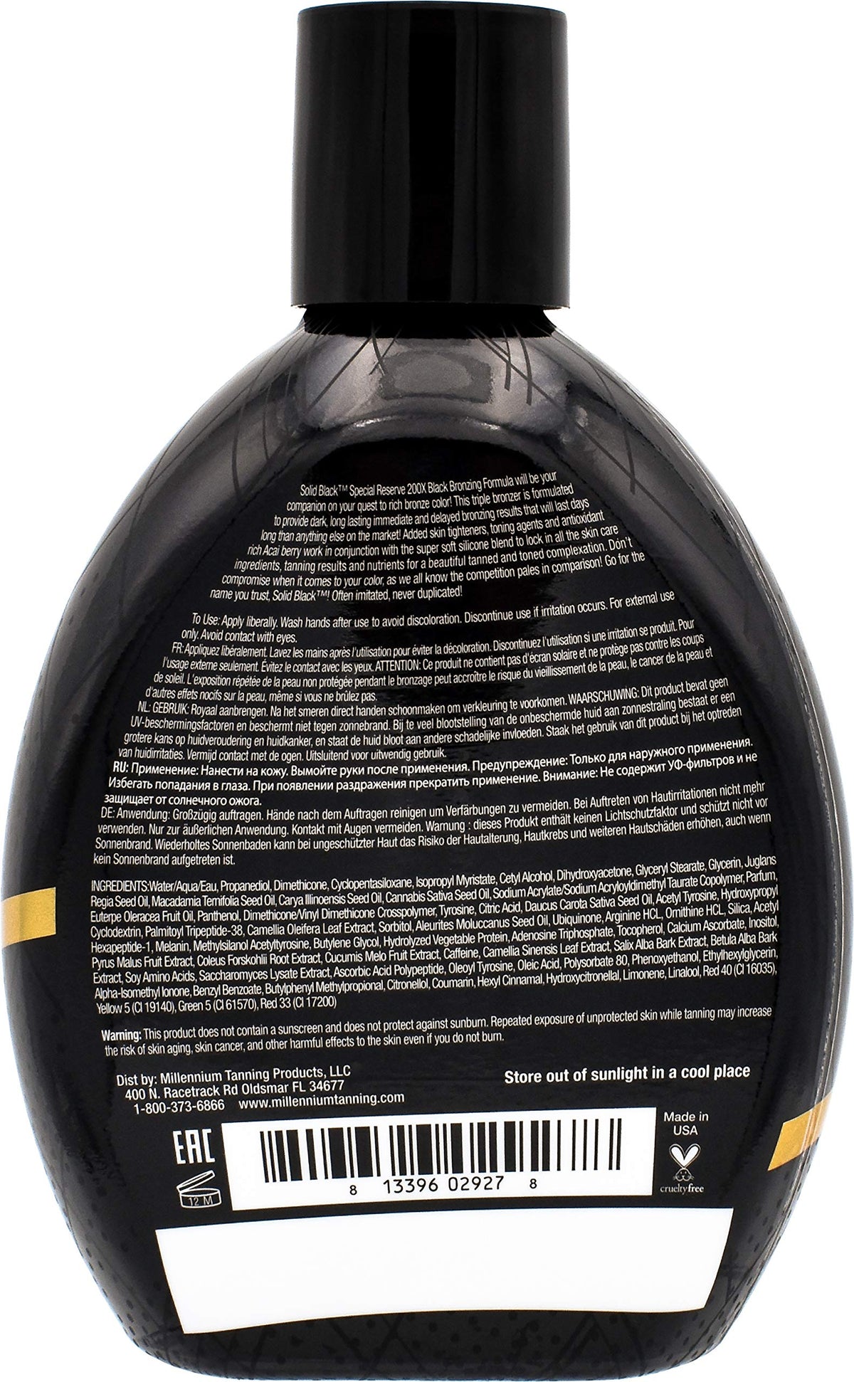 Solid Black 200X bottle pour demonstrates fast-absorbing formula for tanning bed use.