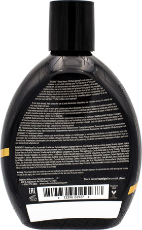 Solid Black 200X bottle pour demonstrates fast-absorbing formula for tanning bed use.