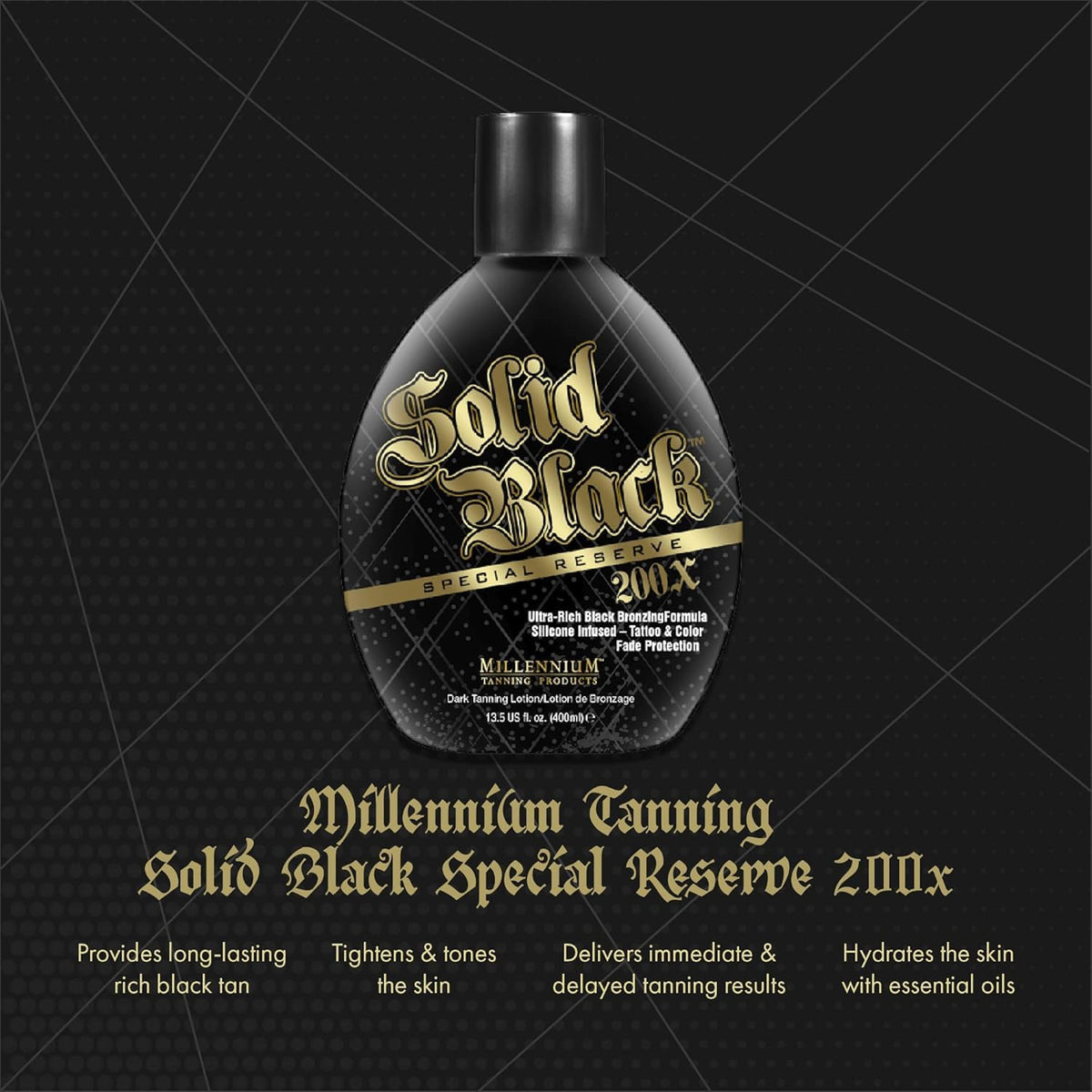 Tattoo protection label on Solid Black 200X highlights Color Fade Defense for ink persistence.
