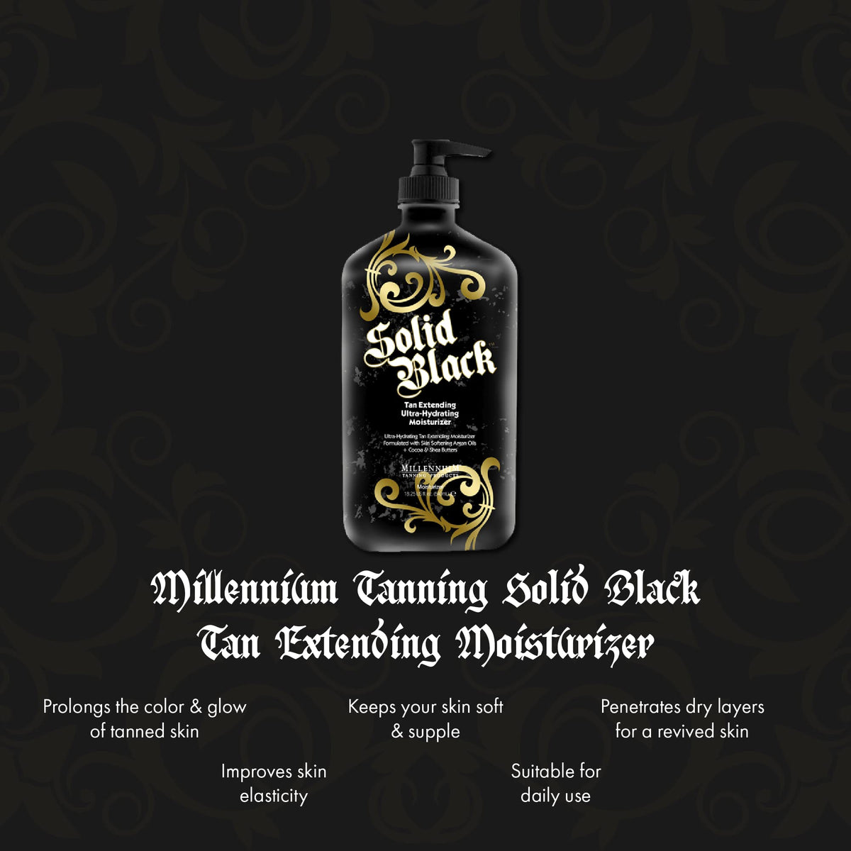 Millennium Tanning Solid Black Tan Extender bottle cap for secure travel use.