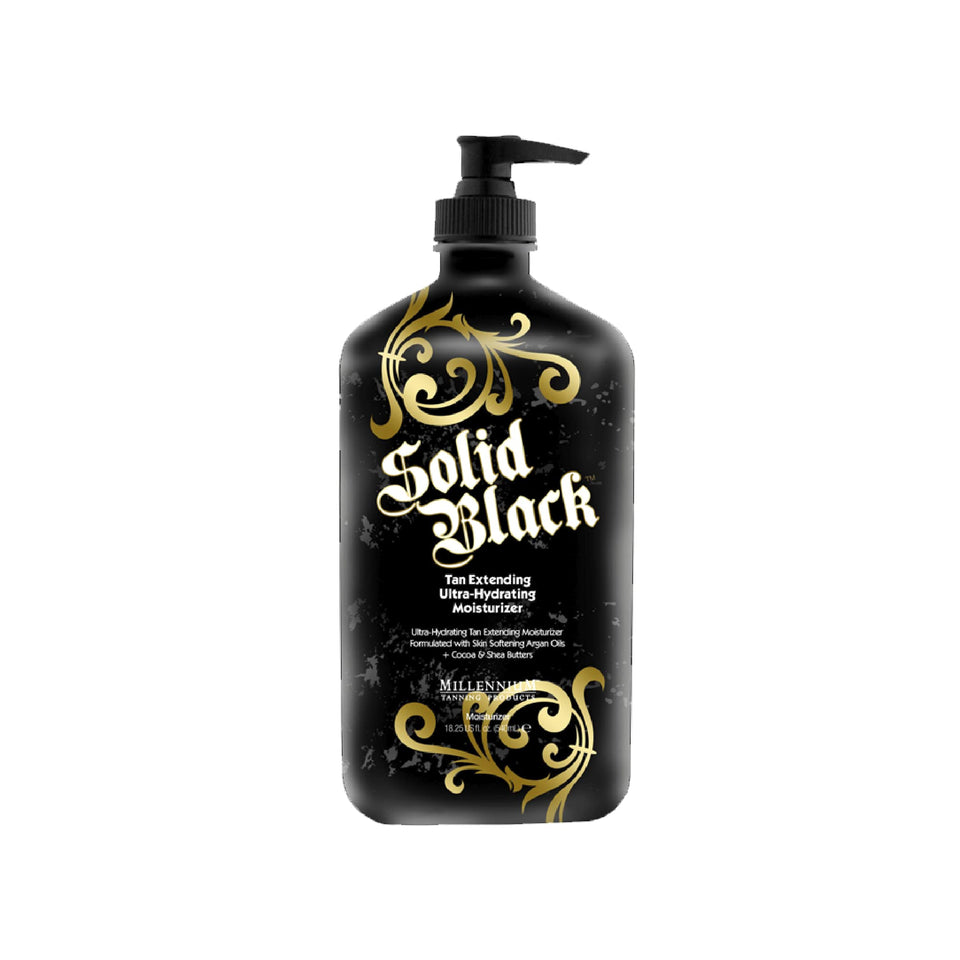 Millennium Tanning Solid Black Tan Extender bottle front showing hydrating formula.