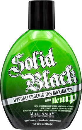 Millennium Tanning Solid Black bottle, deep tan color potential.