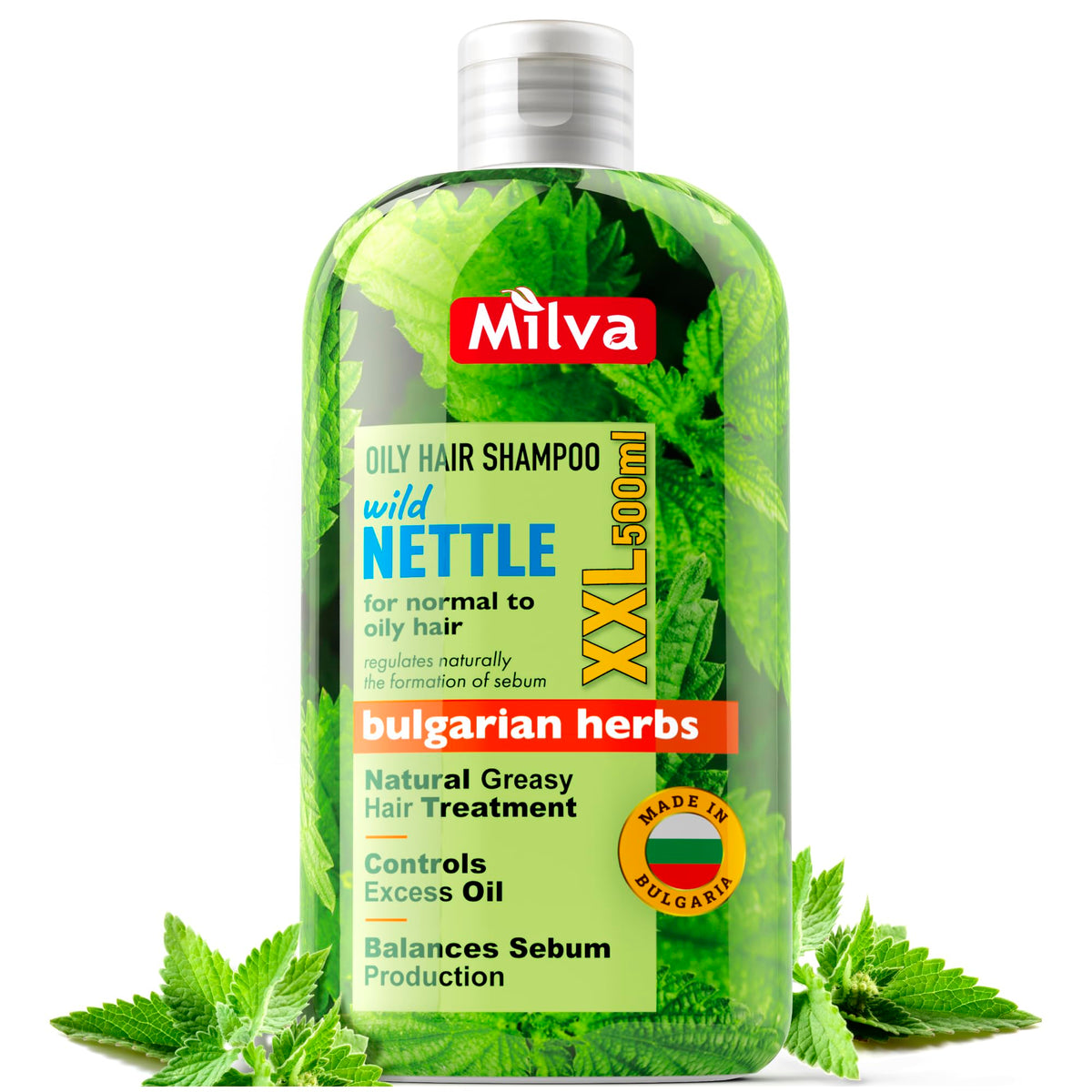 Milva Nettle Shampoo bottle front for oil-prone hair control.