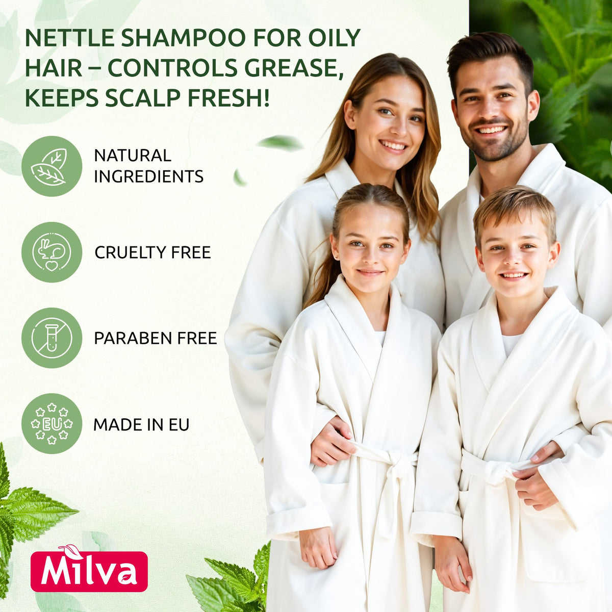 Milva Nettle Shampoo label front highlighting Bulgarian-made quality.