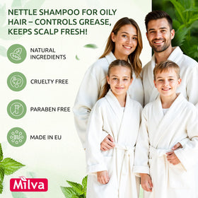Milva Nettle Shampoo label front highlighting Bulgarian-made quality.