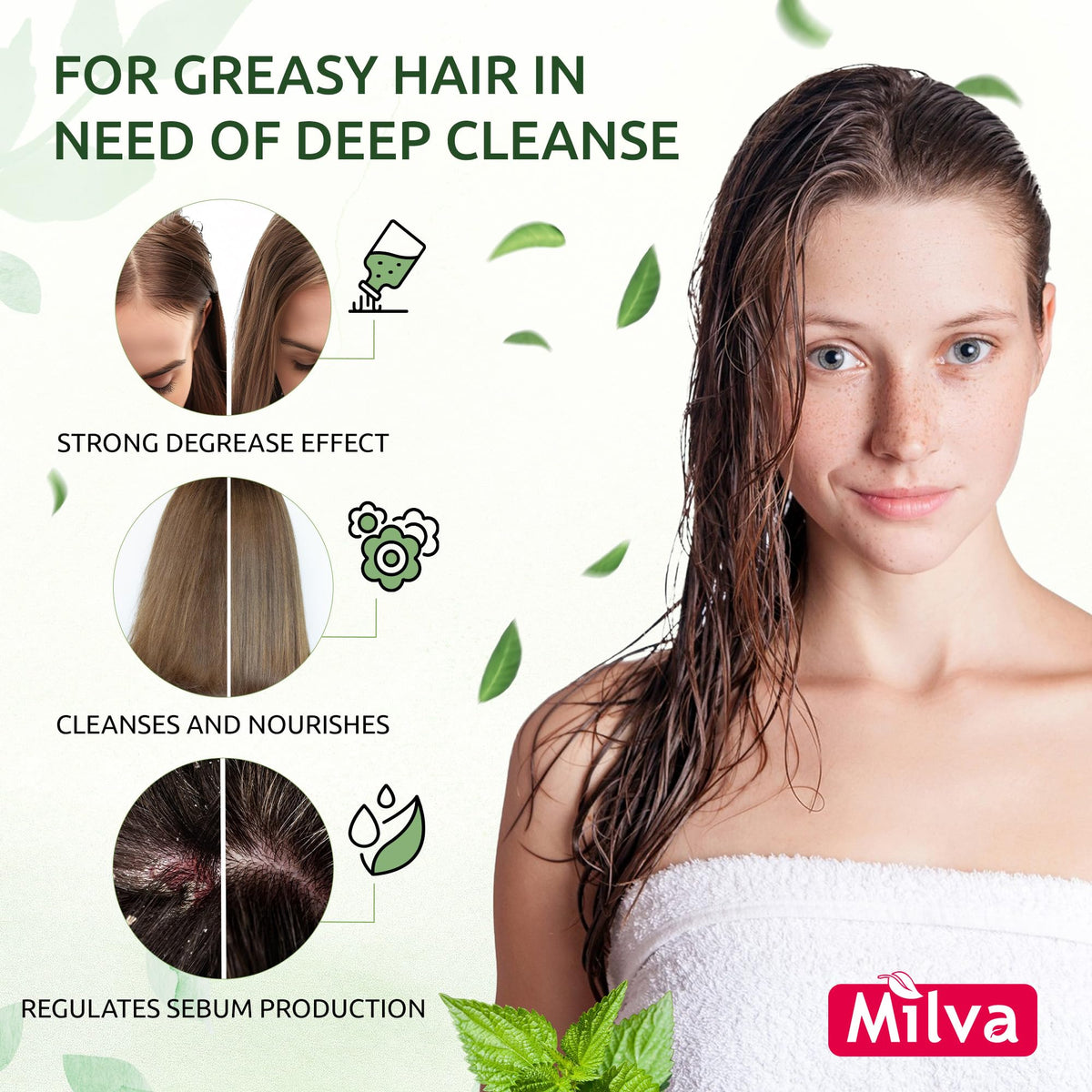 Milva Nettle Shampoo pour action creates a light, refreshing lather for roots.