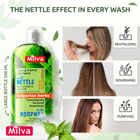 Milva Nettle Shampoo scalp-clarifying-action targets oily scalp balance.