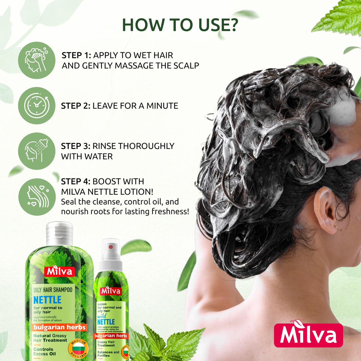 Milva Nettle Shampoo scalp portrait showing oil balance benefits.