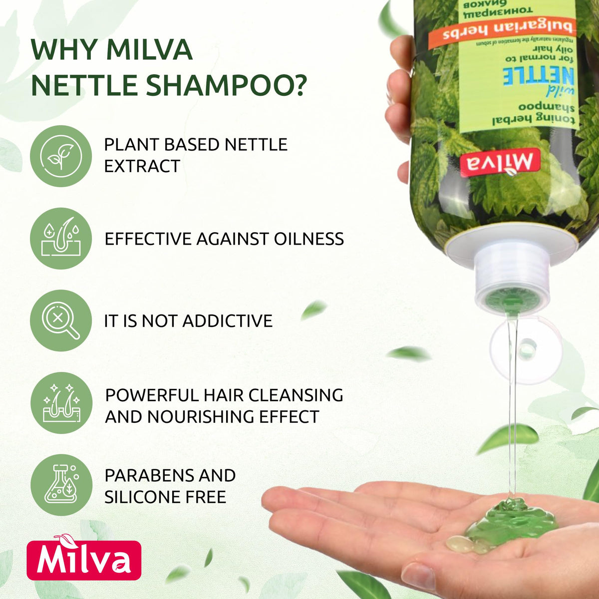 Milva Nettle Shampoo texture close-up reveals a natural, herbal formula.