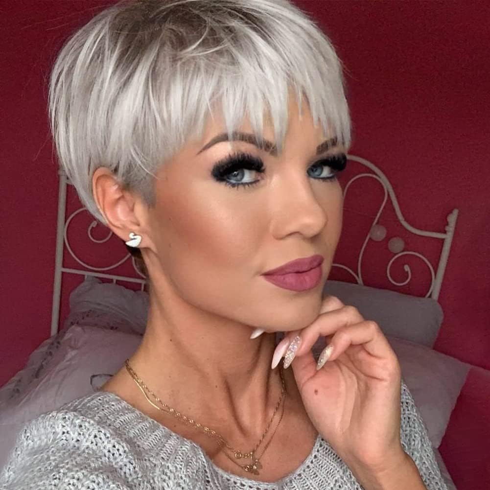 MIMAN short platinum blonde pixie wig with bangs for easy daily styling.