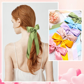 Ponytail look with Mimorou satin bow clip for easy everyday wear.