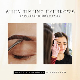 Application steps with a cotton pad using MinaiBrow Stain Remover after tinting.