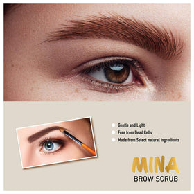 MINA Brow Scrub 50ml tube highlights compact size for on-the-go routine