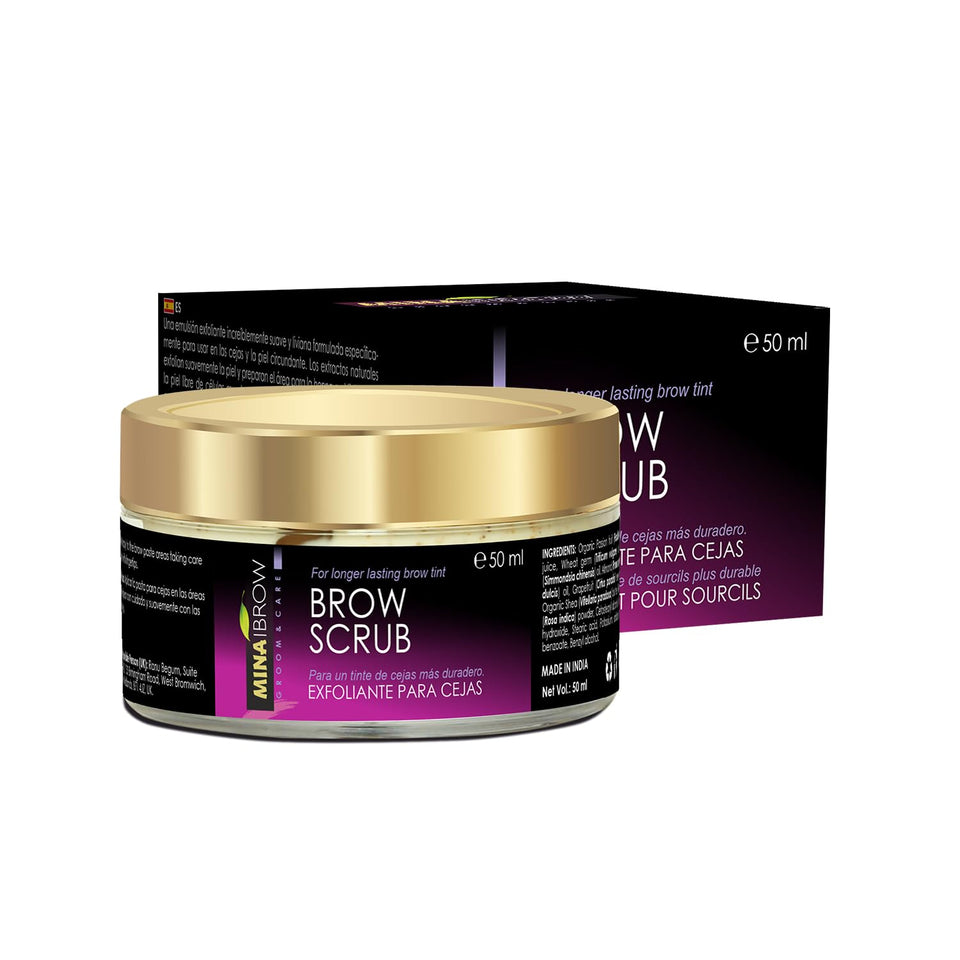 MINA Brow Scrub close-up texture for gentle brow exfoliation before tint