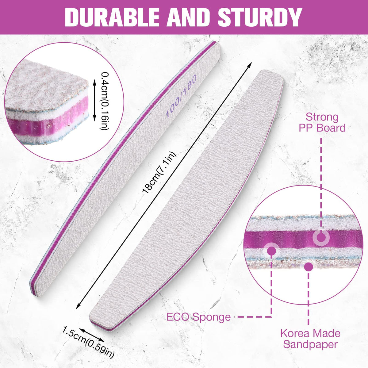 Minatee half-moon curved nail files provide comfortable grip and precise shaping.