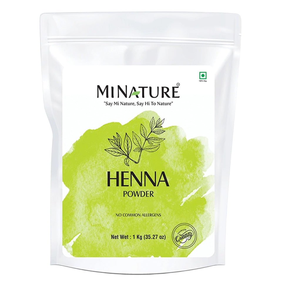 Mi Nature Pure Henna Powder packaging in a 1kg jar for natural color.