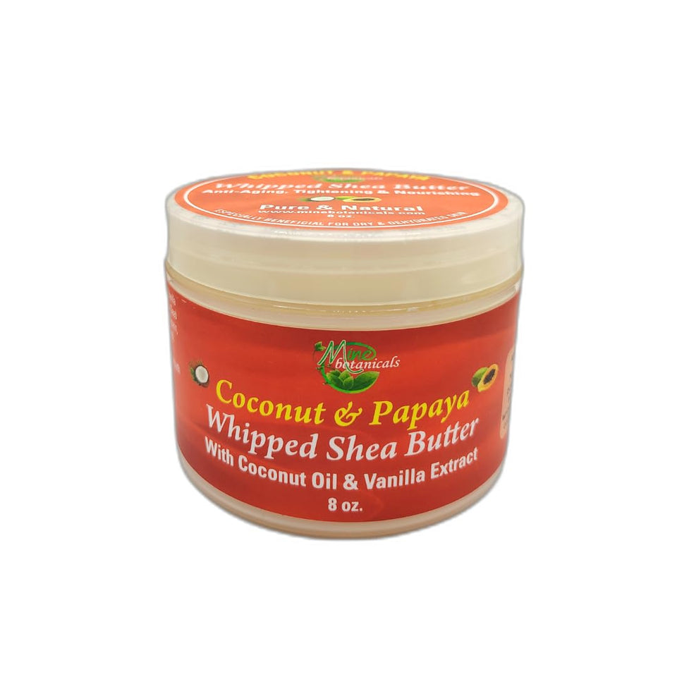 Mine Botanicals Coconut Papaya whipped shea butter jar shows creamy texture for deep moisturization.