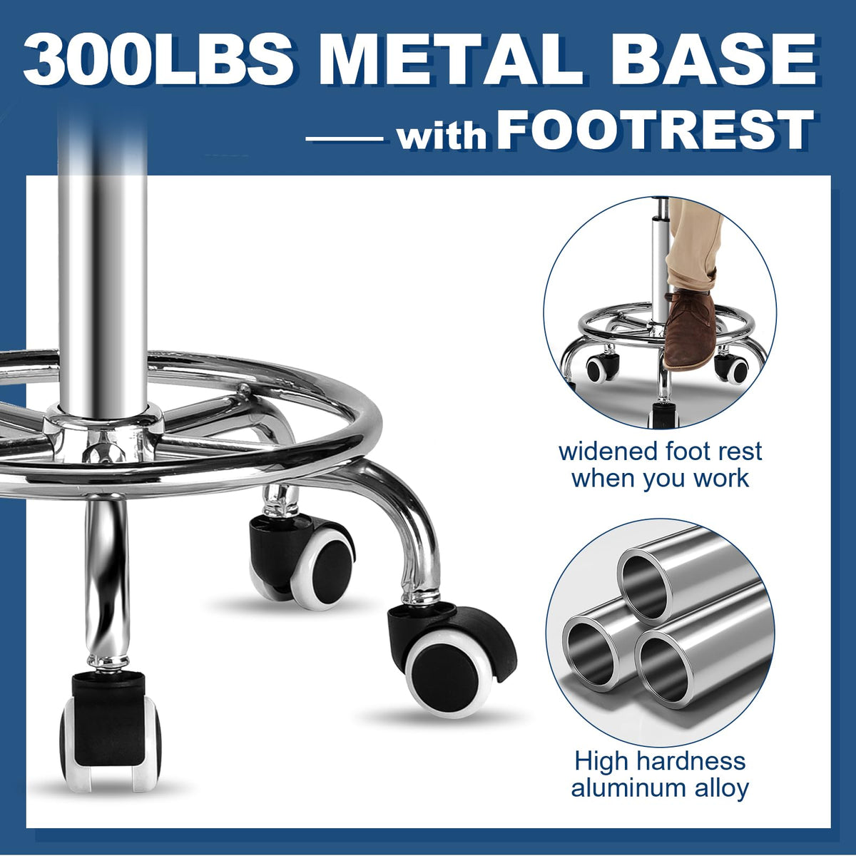 Mineloff Square Stool footrest provides knee relief during extended shifts.