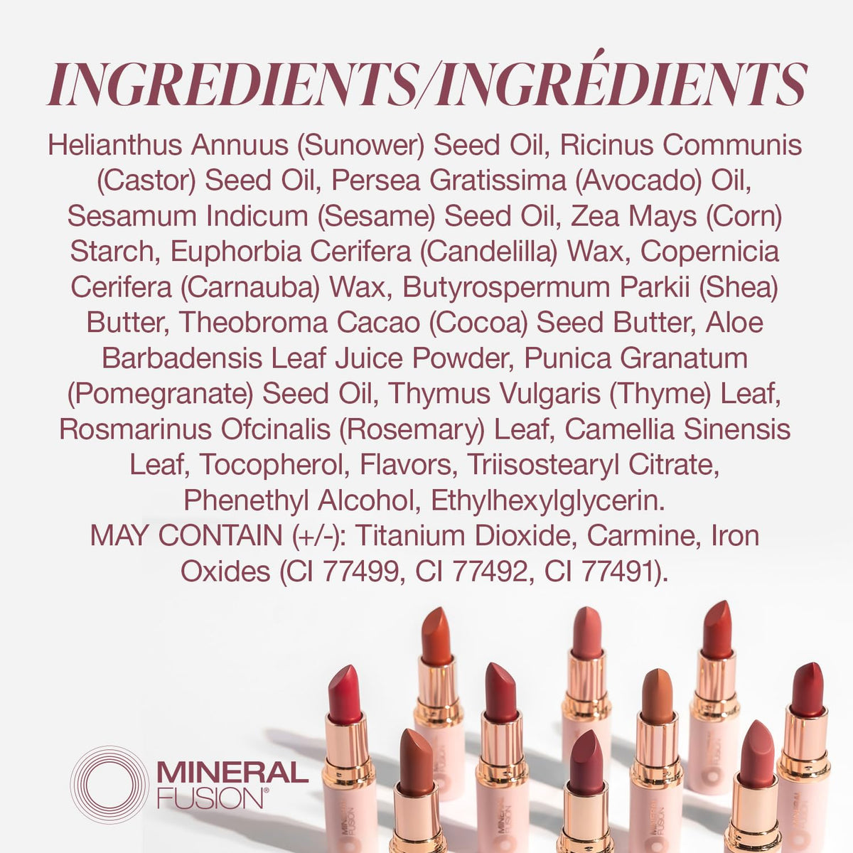 Mineral Fusion lipstick enriched with avocado oil providing hydrated lips.