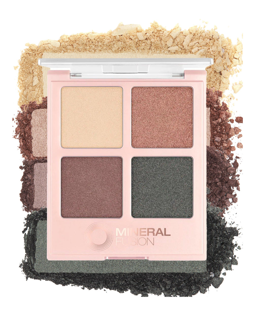 Mineral Fusion Eyeshadow Palette packaging highlights four versatile shades for on the go glam