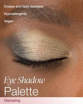 Mineral Fusion Eyeshadow Palette swatch row shows champagne to greys for buildable looks