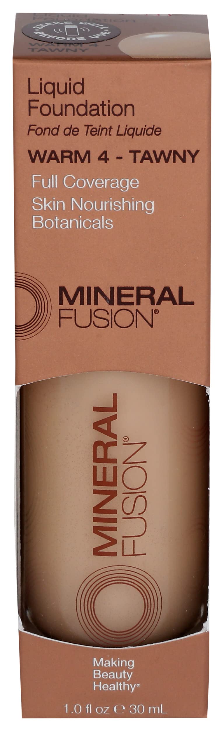Mineral Fusion full-coverage foundation warm-4 bottle showing radiant base for daily wear