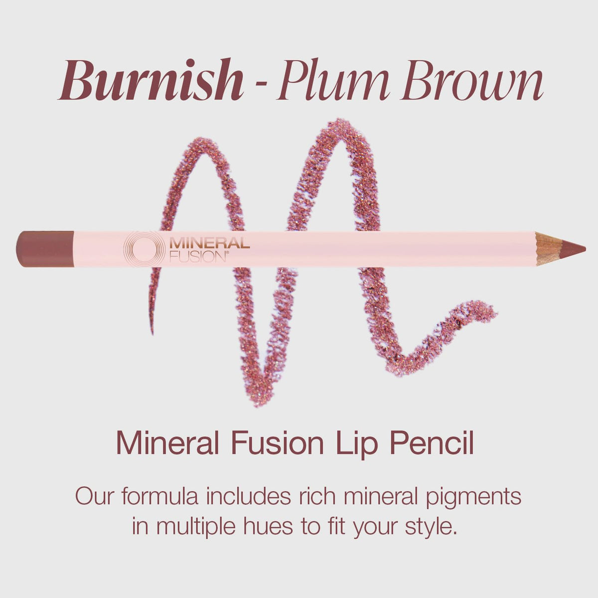 Mineral Fusion Lip Liner Burnish packaging highlights vegan and paraben-free formula.